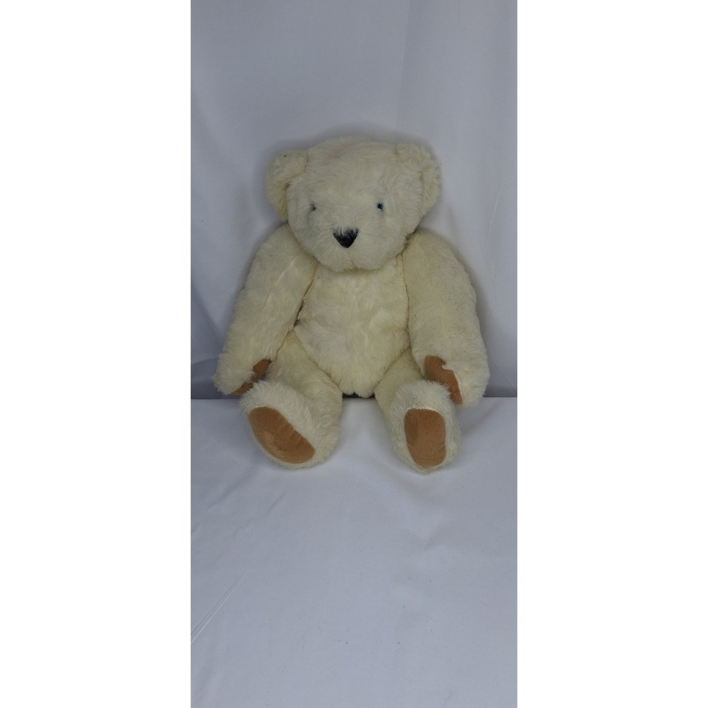 The Vermont Teddy Bear Co 16" Jointed Teddy Bear Beige Plush Made USA Blue Eyes